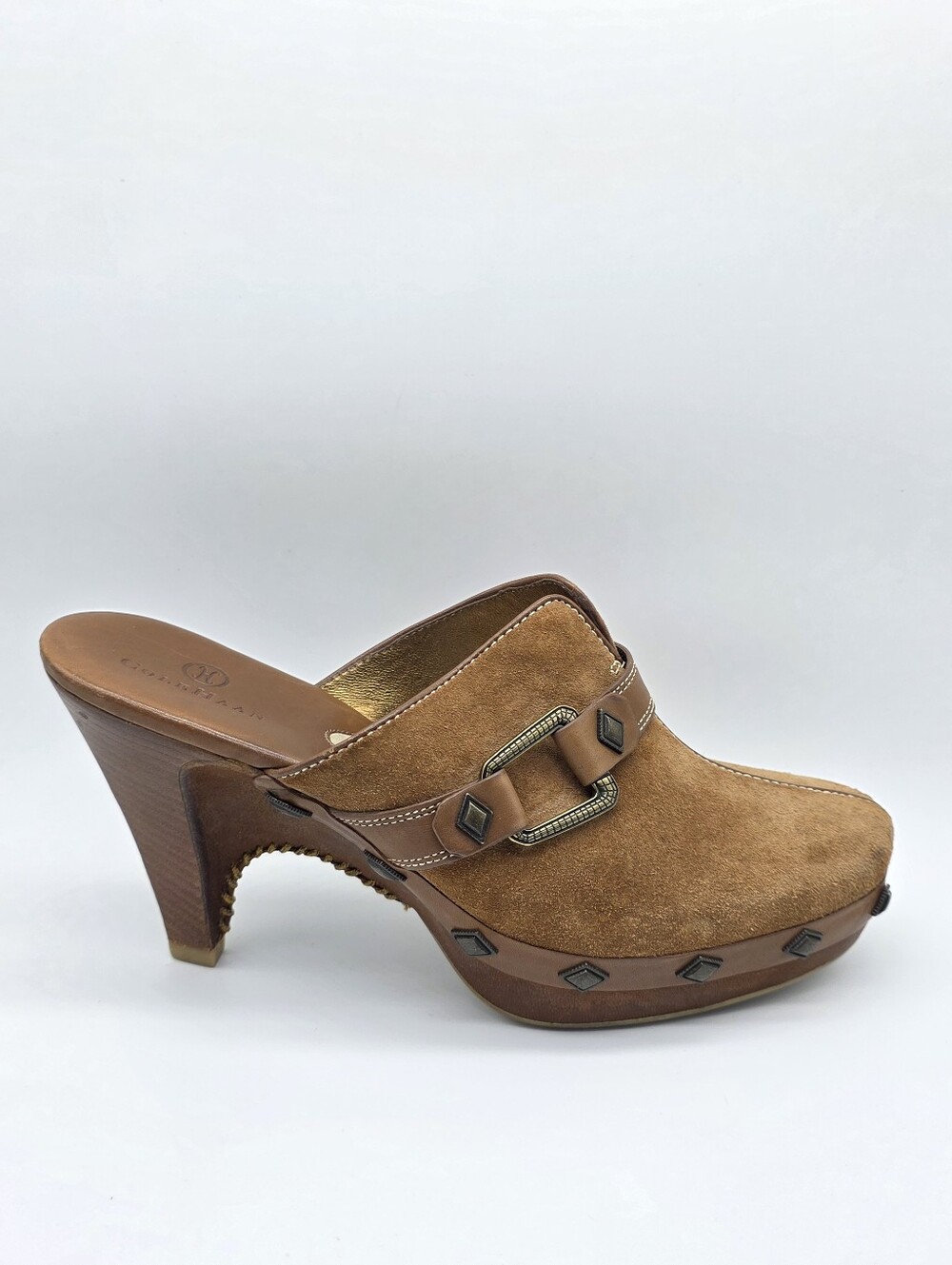 VTG Cole Haan Suede Studded Clog Mules 7.5 B 70s Westerncore Boho - Picture 2 of 16